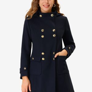 Stand Collar Double Breasted Hoodie Outerwear Winter Coat Navy Blue/L - Allegra K catalog