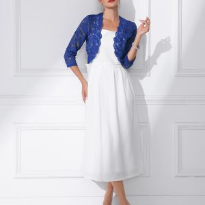 Sheer Floral Elegant 3/4 Sleeve Lace Shrug Cobalt Blue/S - Allegra K catalog