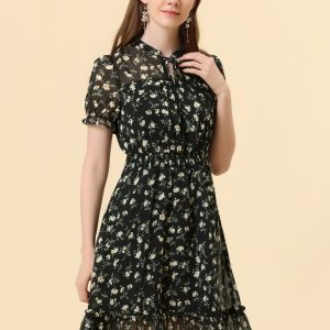 Floral Smocked Tie Neck Puff Sleeve Ruffle Chiffon Tiered Dress Black/M - Allegra K catalog