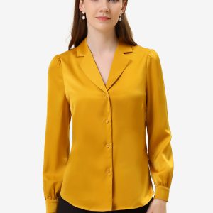 Elegant Collar Blouse Long Sleeve Work Office Satin Button Down Shirt Yellow/XS - Allegra K catalog