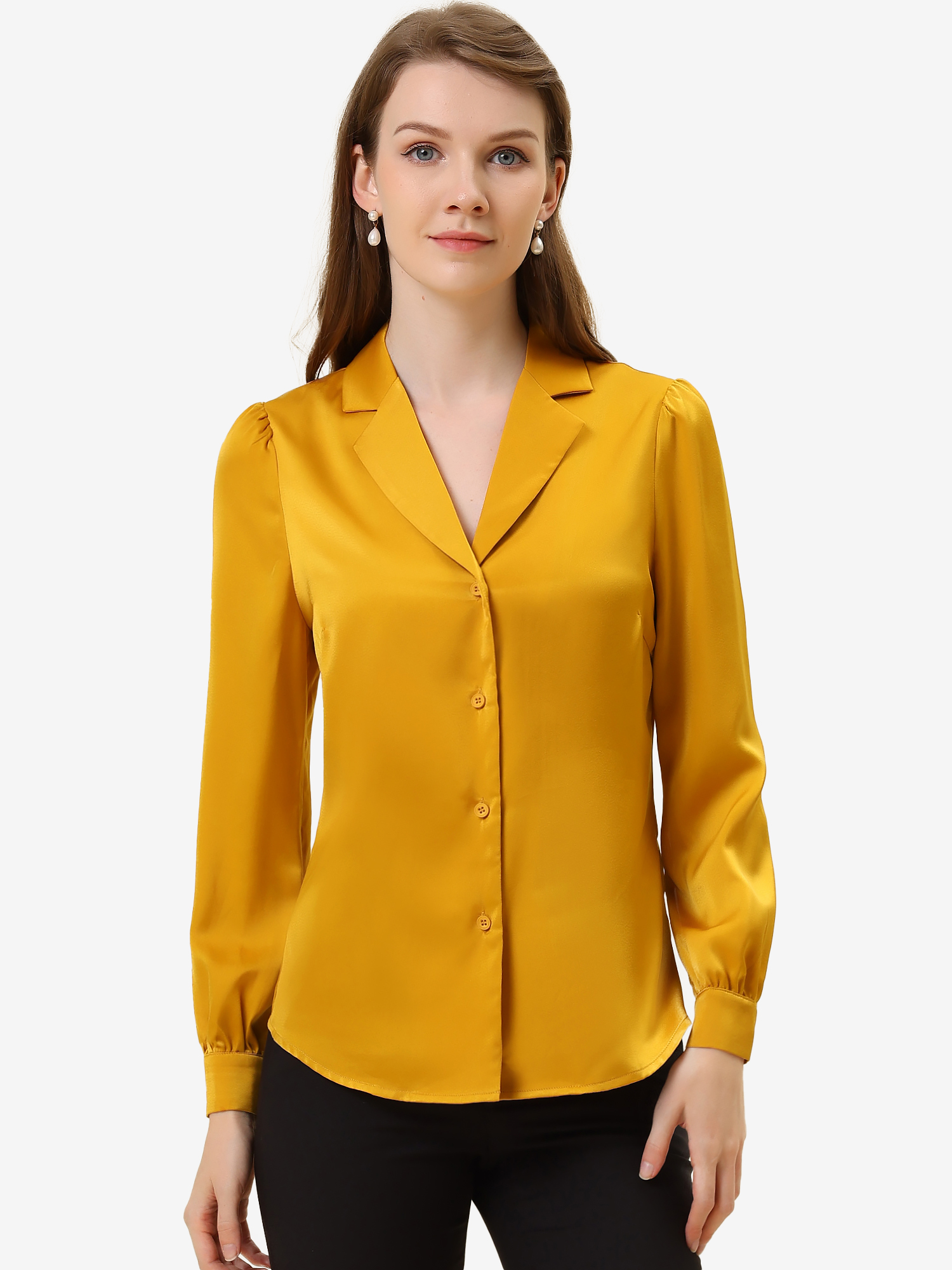 Elegant Collar Blouse Long Sleeve Work Office Satin Button Down Shirt Yellow/XS - Allegra K catalog