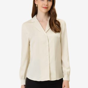 Elegant Collar Blouse Long Sleeve Work Office Satin Button Down Shirt Apricot/M - Allegra K catalog