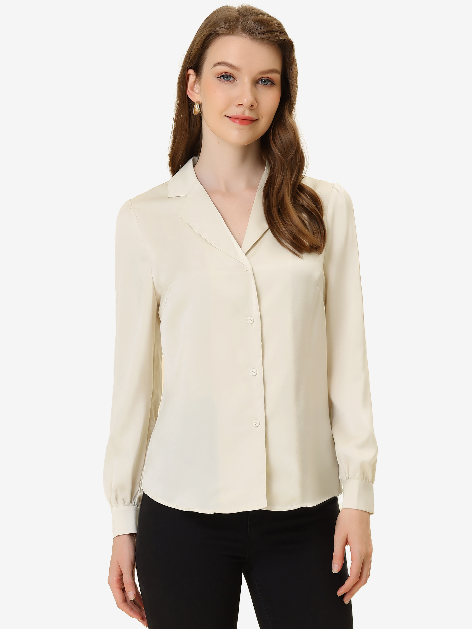 Elegant Collar Blouse Long Sleeve Work Office Satin Button Down Shirt Apricot/L - Allegra K catalog