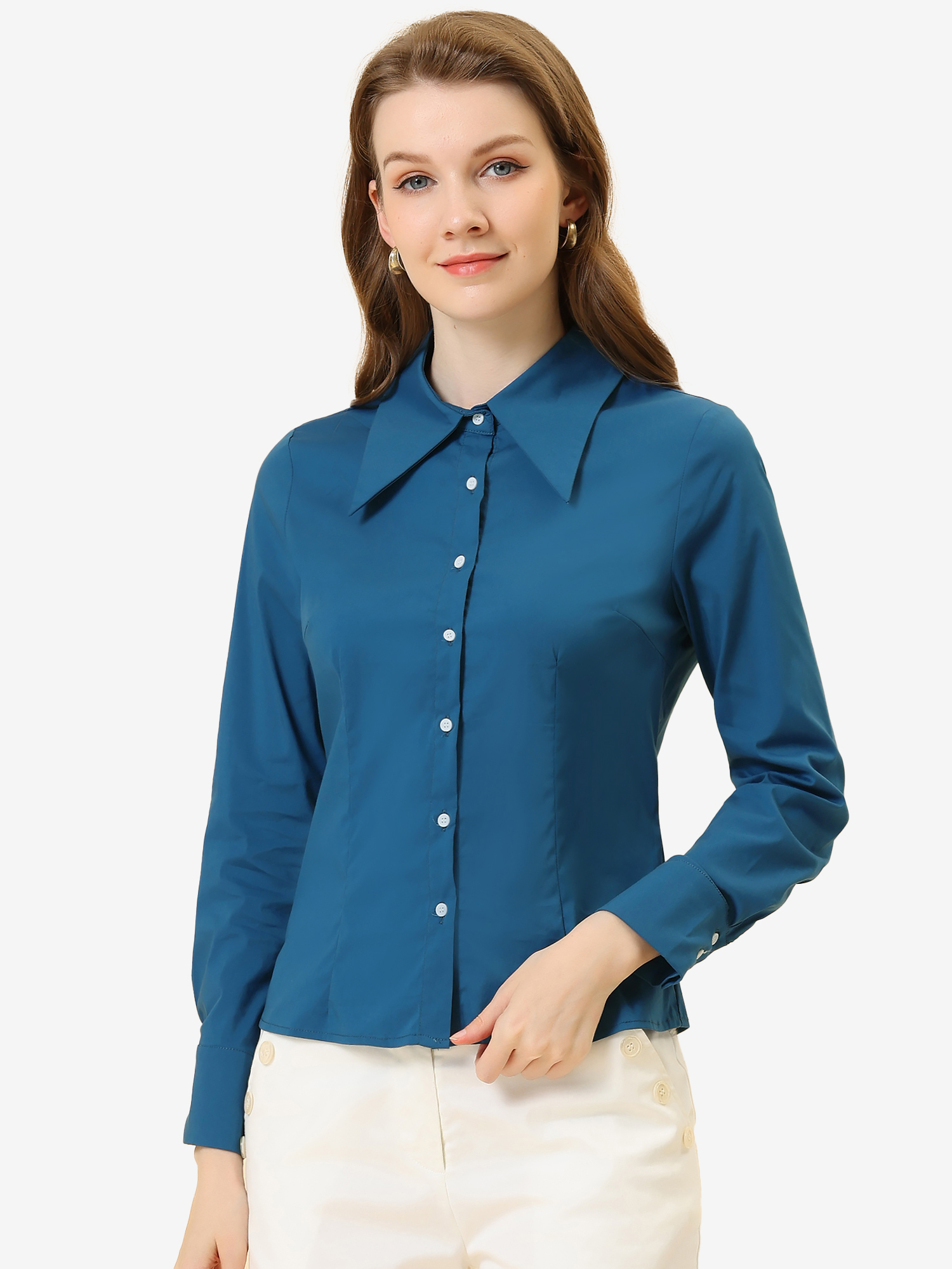 Work Office Button Down Shirt Point Collar Long Sleeve Top Lake Blue/S - Allegra K catalog
