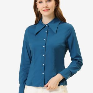Work Office Button Down Shirt Point Collar Long Sleeve Top Lake Blue/XL - Allegra K catalog