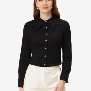 Work Office Button Down Shirt Point Collar Long Sleeve Top Black/XS - Allegra K catalog