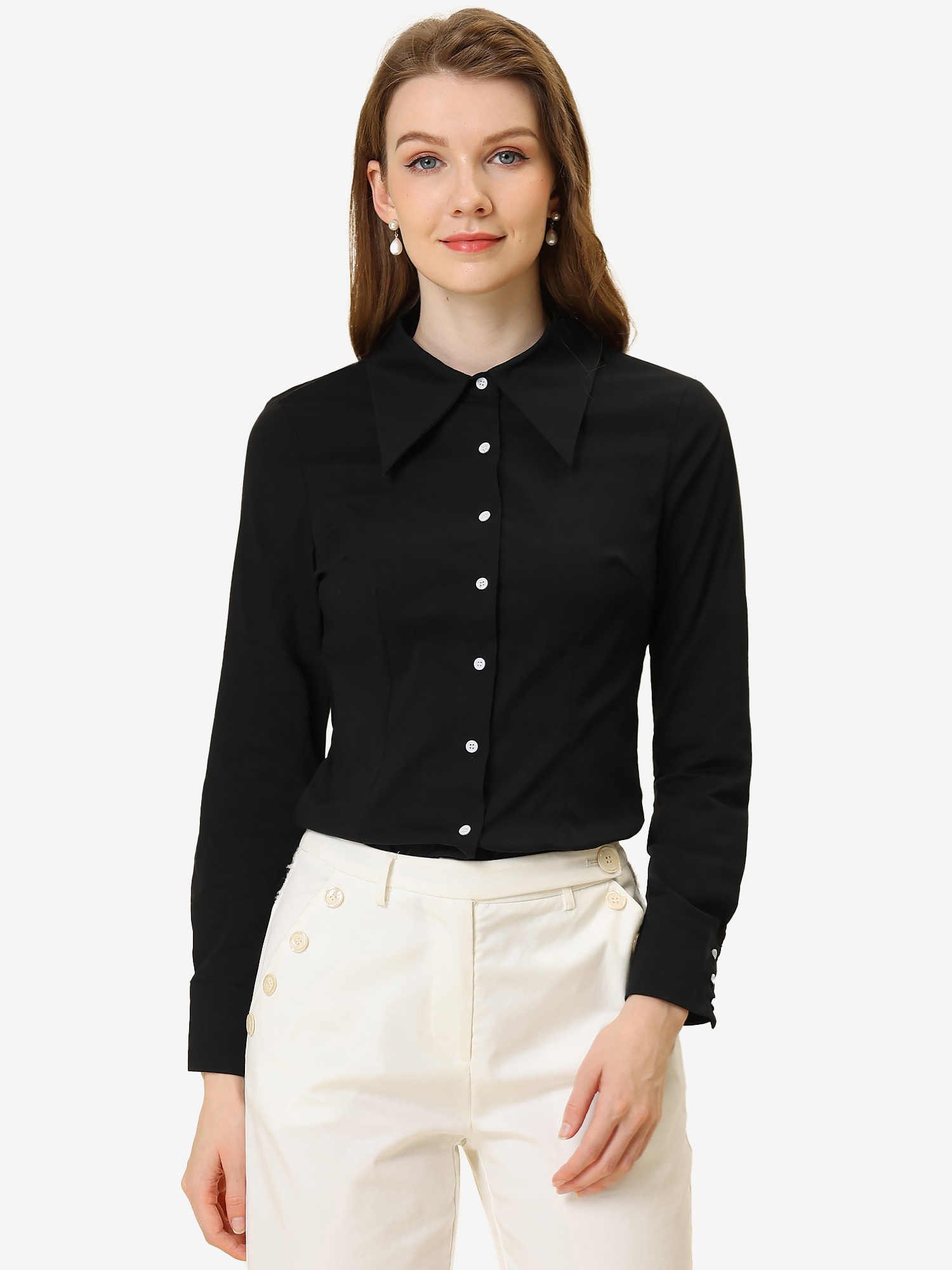Work Office Button Down Shirt Point Collar Long Sleeve Top Black/S - Allegra K catalog