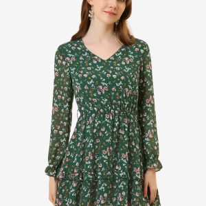Long Sleeve V Neck Elastic Waist Ruffle Hem Chiffon Floral Dress Green/M - Allegra K catalog