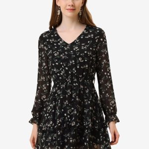 Long Sleeve V Neck Elastic Waist Ruffle Hem Chiffon Floral Dress Black/XS - Allegra K catalog