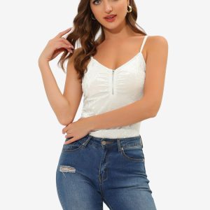 Velvet Camisole Zip Up Spaghetti Strap Sleeveless Cami Tank Tops White/XS - Allegra K catalog
