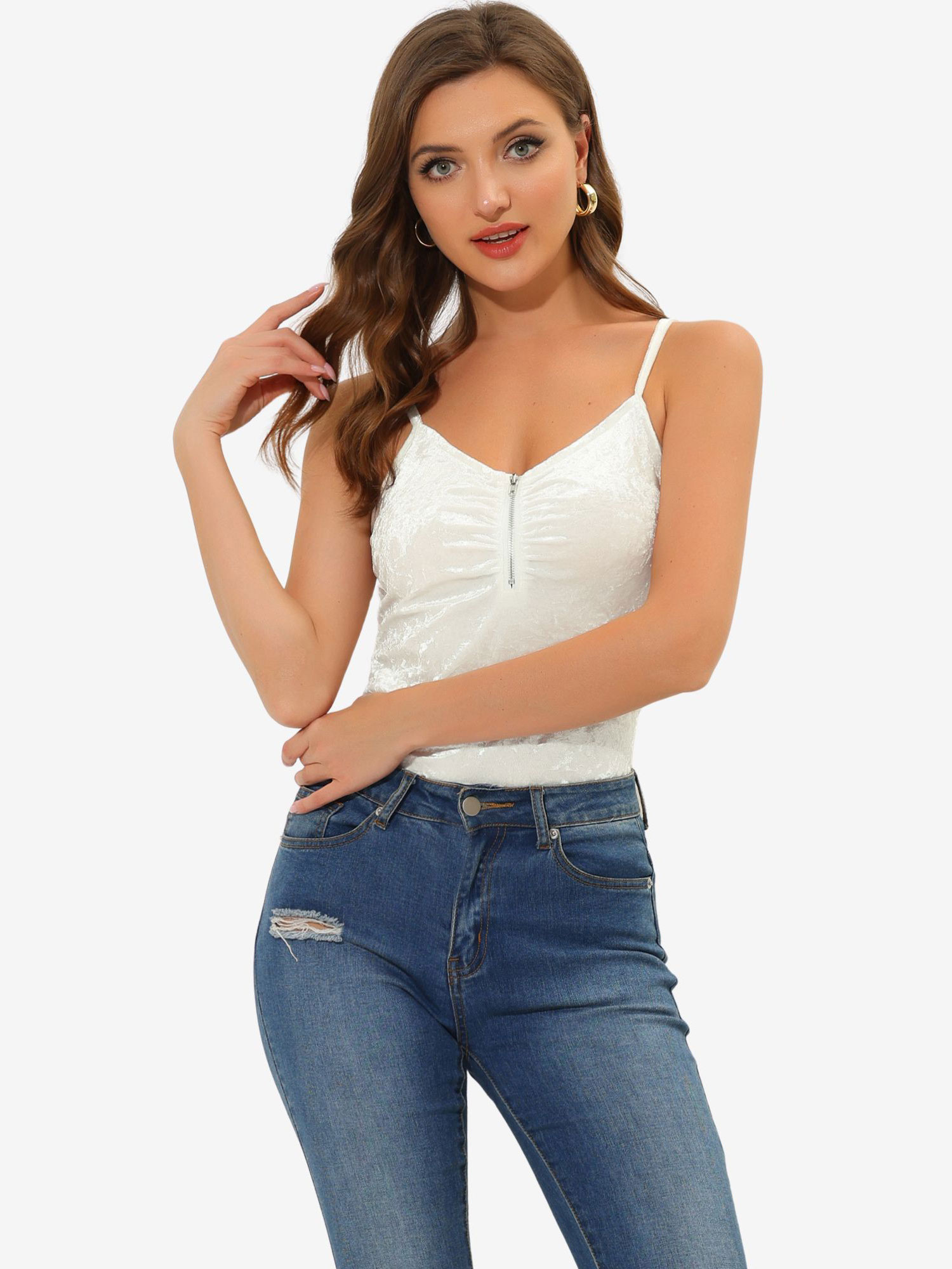Velvet Camisole Zip Up Spaghetti Strap Sleeveless Cami Tank Tops White/XS - Allegra K catalog