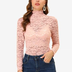 See Through Long Sleeve Turtleneck Sheer Floral Lace Blouse Pink/XL - Allegra K catalog
