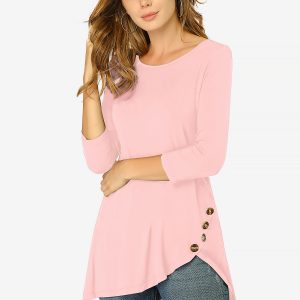 3/4 Sleeve Round Neck Button Decor Casual Stretchy Tunic Tops Light Pink/M - Allegra K catalog