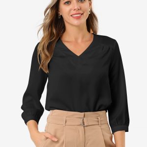 Casual Office Blouse 3/4 Sleeve V Neck Satin Shirt Black/XS - Allegra K catalog
