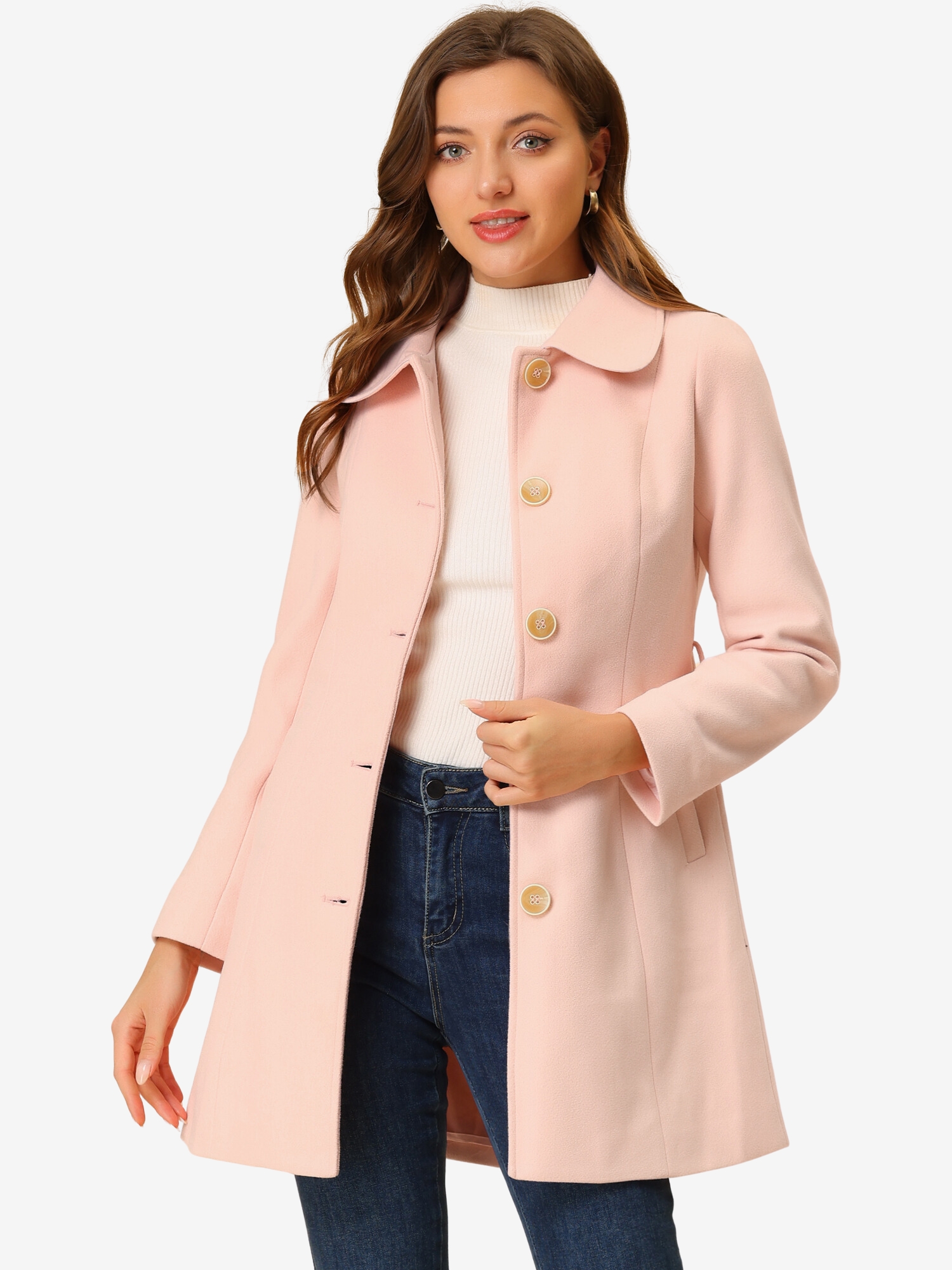 Winter Elegant Lapel Collar Long Trench Coat Pink/S - Allegra K catalog