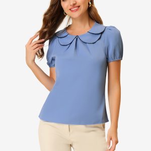 Puff Sleeve Tops Peter Pan Collar Blouse Blue/XL - Allegra K catalog