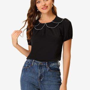 Puff Sleeve Tops Peter Pan Collar Blouse Black/L - Allegra K catalog