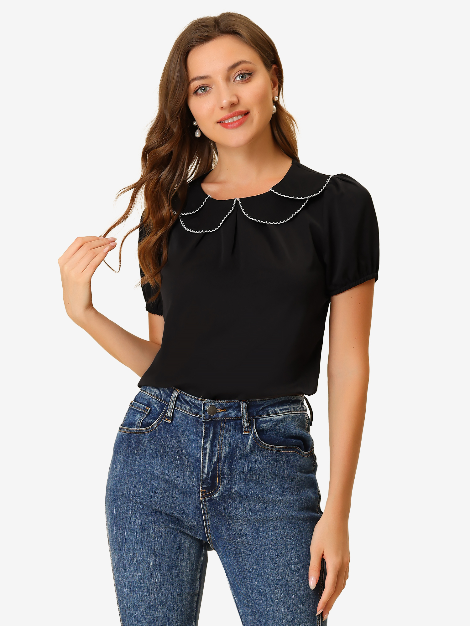 Puff Sleeve Tops Peter Pan Collar Blouse Black/L - Allegra K catalog
