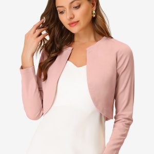 Curved Hem Long Sleeves Open Front Cropped Jacket Bolero Shrug Pink/XS - Allegra K catalog