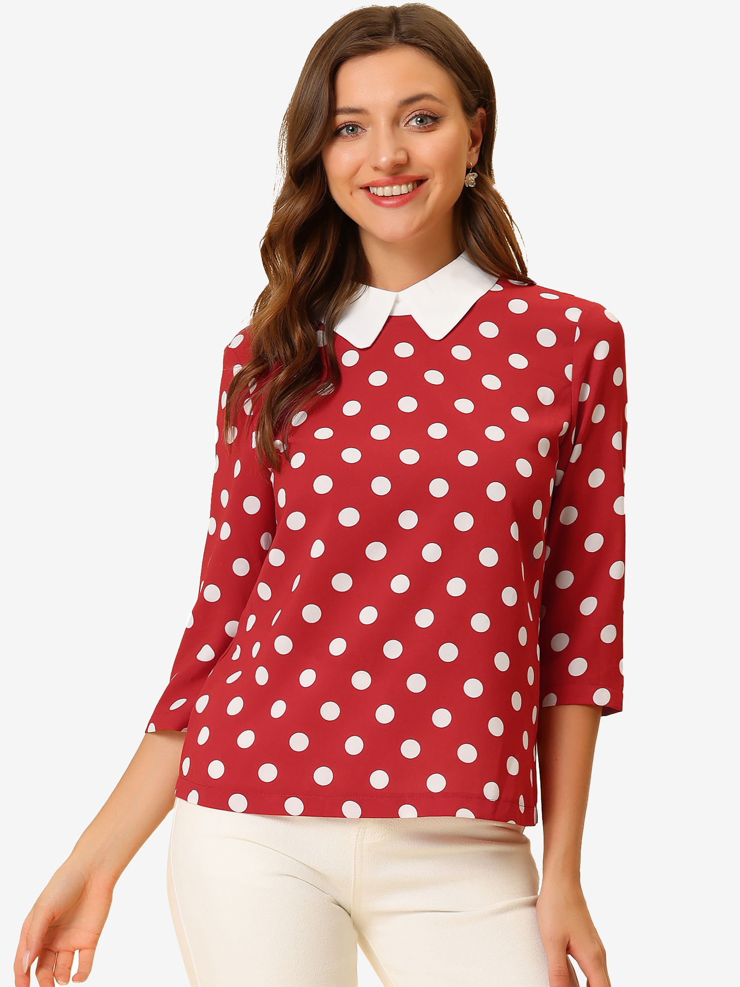 Polka Dots Contrast Peter Pan Collar Top 3/4 Sleeve Blouse Shirt Red White/M - Allegra K catalog