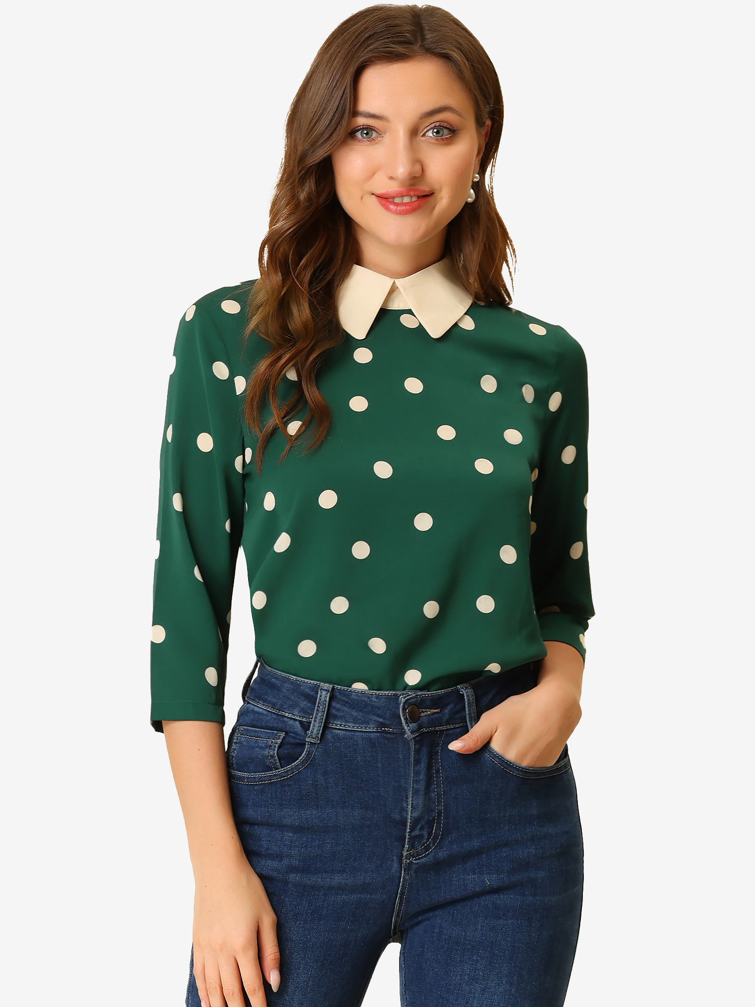 Polka Dots Contrast Peter Pan Collar Top 3/4 Sleeve Blouse Shirt Dark Green/L - Allegra K catalog