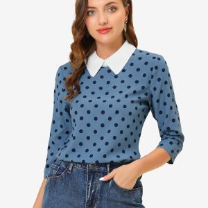 Polka Dots Contrast Peter Pan Collar Top 3/4 Sleeve Blouse Shirt Grey Blue/M - Allegra K catalog