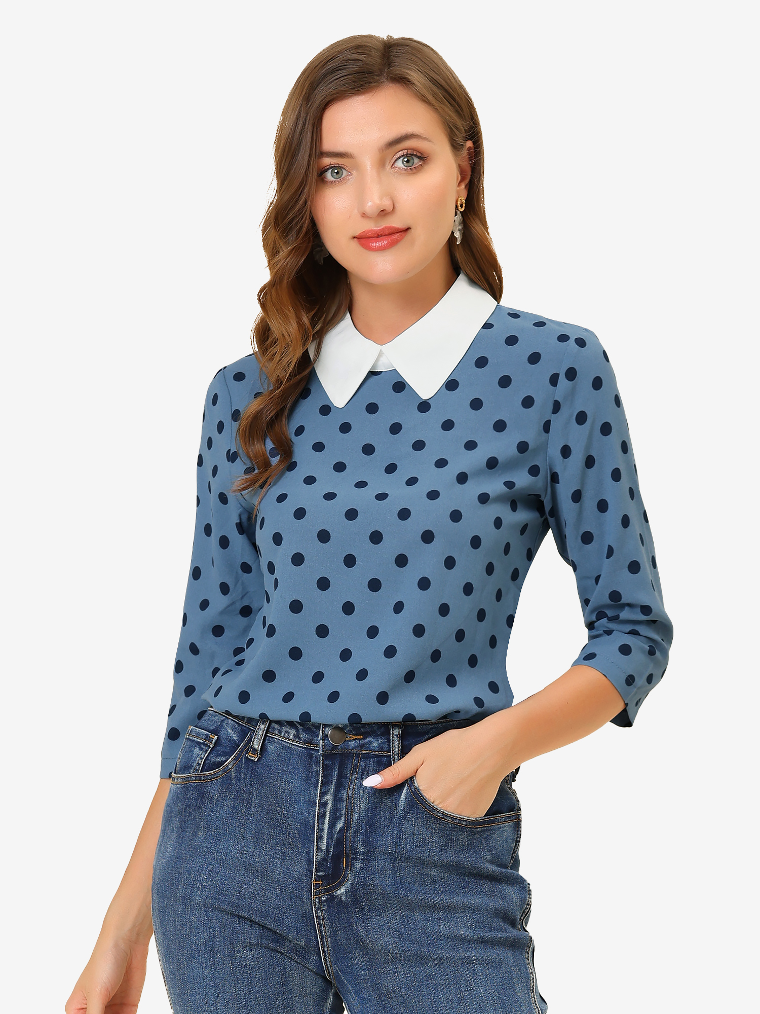 Polka Dots Contrast Peter Pan Collar Top 3/4 Sleeve Blouse Shirt Grey Blue/M - Allegra K catalog