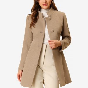 Stand Collar Single Breasted Solid Color Pea Coat Light Brown/S - Allegra K catalog