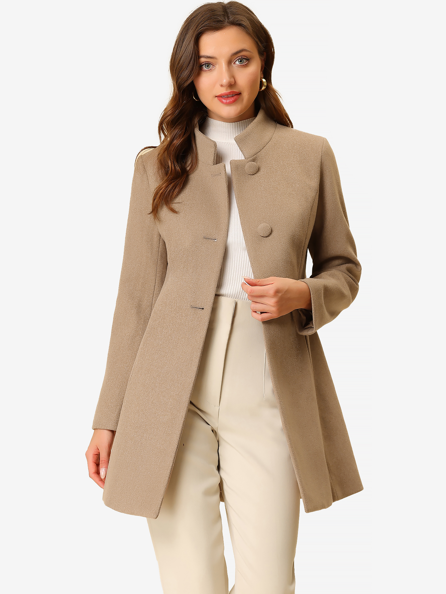 Stand Collar Single Breasted Solid Color Pea Coat Light Brown/XL - Allegra K catalog