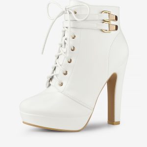 Faux Leather Lace-Up Strap Platform Block Heel Ankle Boots White/10 - Allegra K catalog