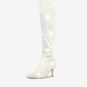 Glitter Pointed Toe Stiletto Heel Over the Knee High Boot White/9 - Allegra K catalog