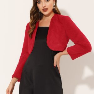 Faux Fur Evening Open Front Bolero Cropped Jacket Shrug Red/L - Allegra K catalog