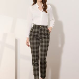 Vintage Tartan Plaid Pants Elastic Waist Straight Long Trousers Brown/XS - Allegra K catalog
