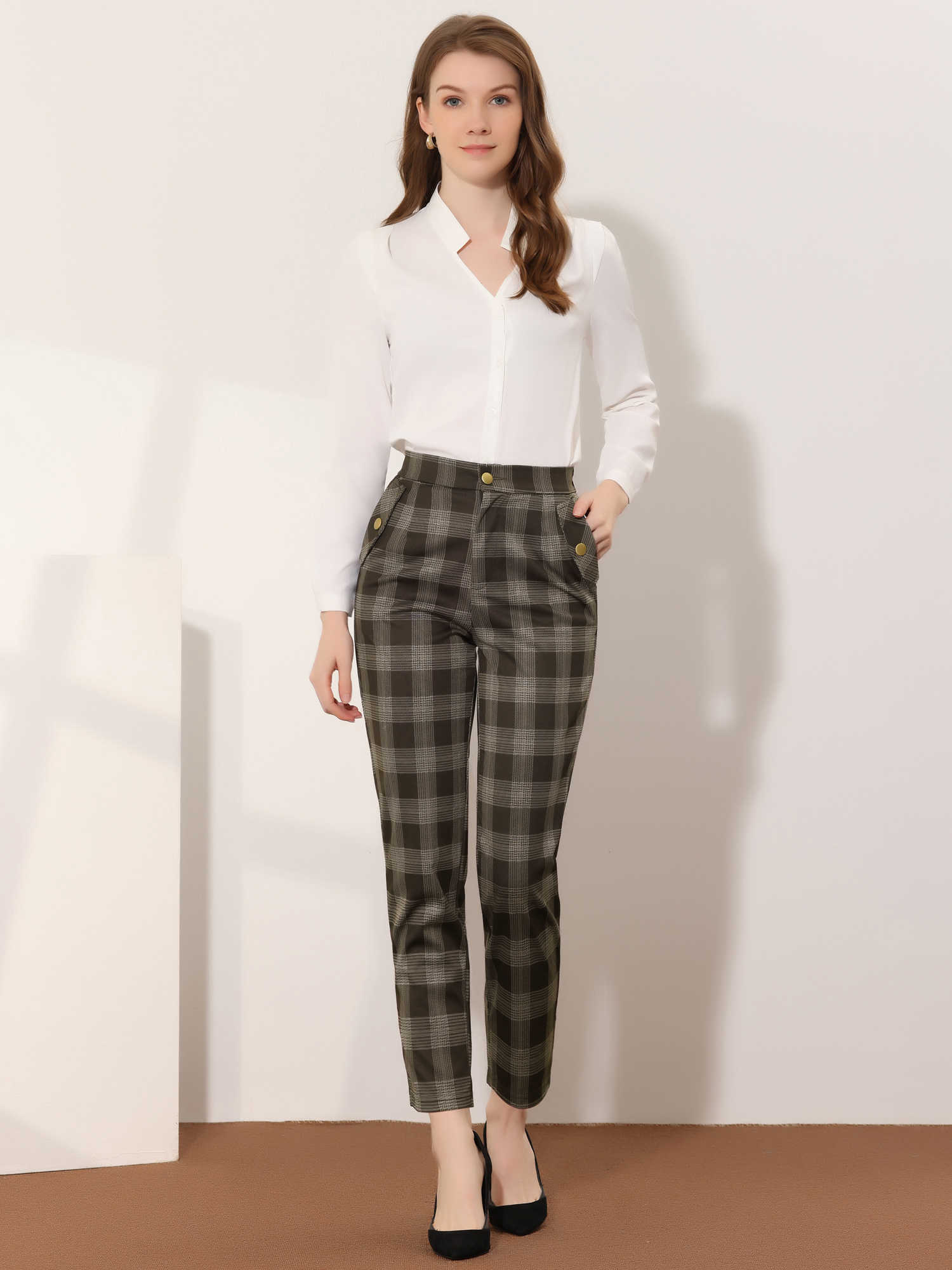 Vintage Tartan Plaid Pants Elastic Waist Straight Long Trousers Brown/XS - Allegra K catalog