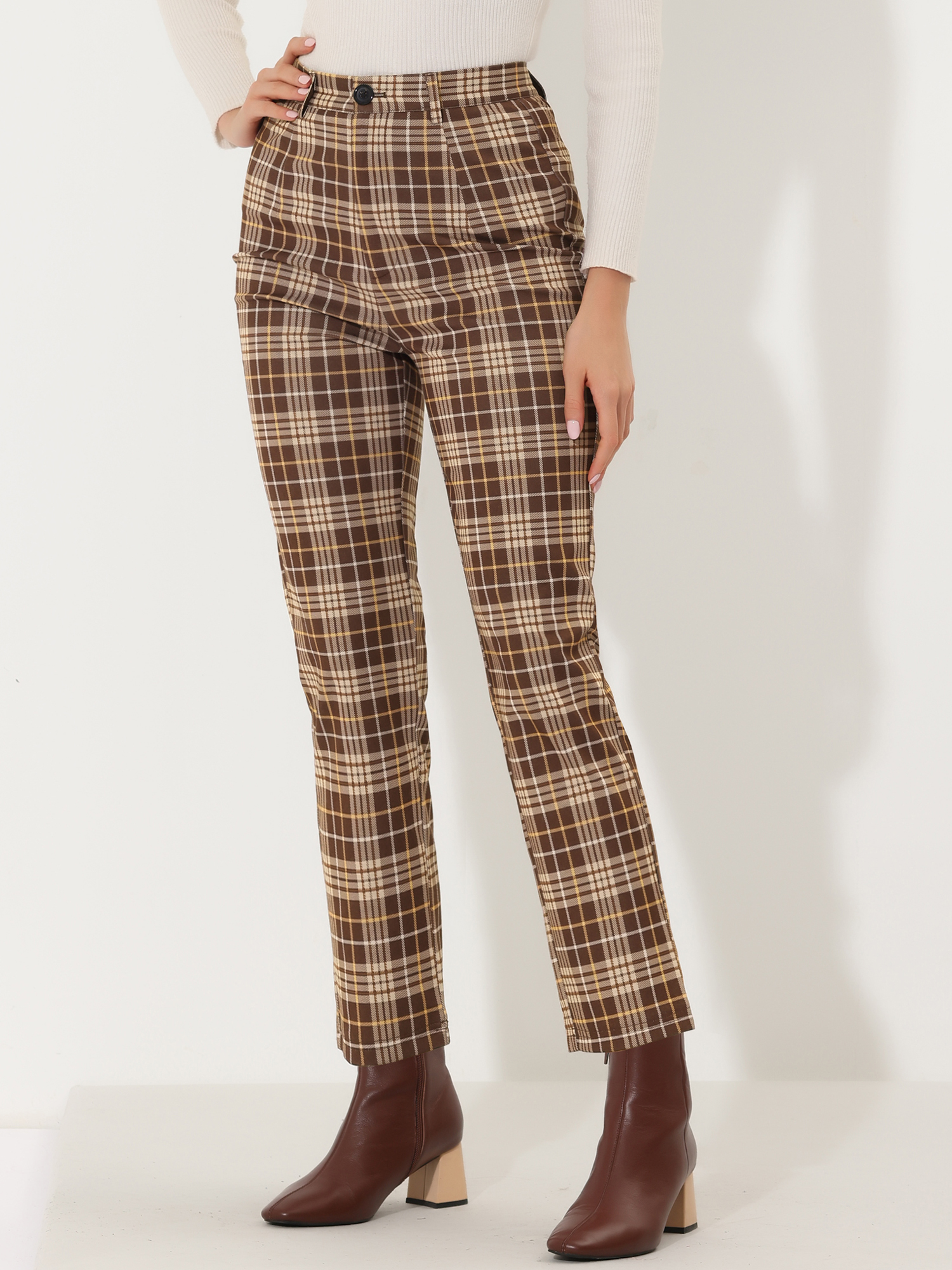Plaid Cropped Trousers Button Casual Tartan Check Work Pants Brown Plaid/L - Allegra K catalog