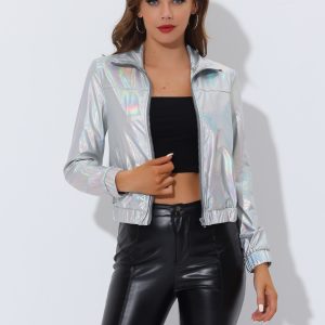 Holographic Long Sleeve Lightweight Zipper Metallic Jacket Light Silver/M - Allegra K catalog