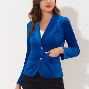 Notched Lapel Vintage Office Button Front Velvet Blazer Royal Blue/S - Allegra K catalog