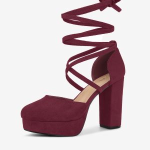 Platform Block Heel Lace Up Pumps Sandals Burgundy/7 - Allegra K catalog