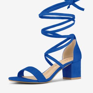 Faux Suede Open Toe Lace Up Mid Chunky Heel Sandals Dark Blue/9 - Allegra K catalog