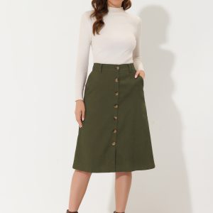 High Waist Button Front Belted Corduroy A-Line Midi Skirt Green/S - Allegra K catalog
