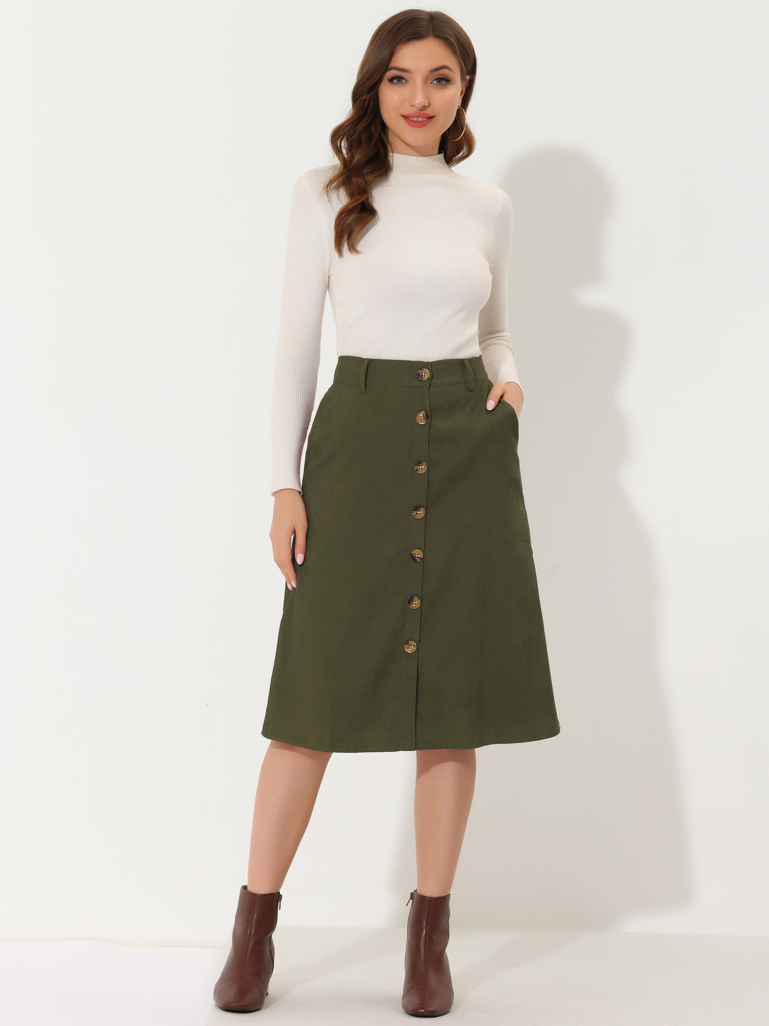 High Waist Button Front Belted Corduroy A-Line Midi Skirt Green/L - Allegra K catalog