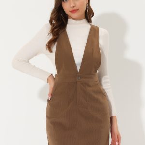 Corduroy Overall V Neck Strap Mini Pinafore Dress Light Brown/M - Allegra K catalog