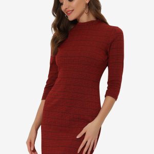 Mock Neck 3/4 Sleeve Slim Check Office Work Plaid Dress Red/XL - Allegra K catalog