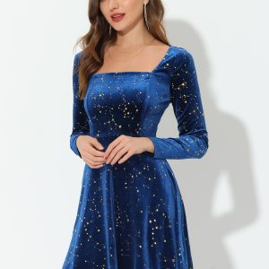 Christmas Stars Square Neck Vintage Velvet Mini Dress Royal Blue/L - Allegra K catalog