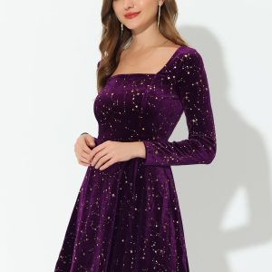 Christmas Stars Square Neck Vintage Velvet Mini Dress Dark Purple/L - Allegra K catalog
