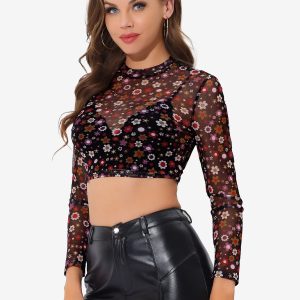 Semi-Sheer Sexy Heart Mesh Crop Top Long Sleeve Blouse Black Floral/S - Allegra K catalog