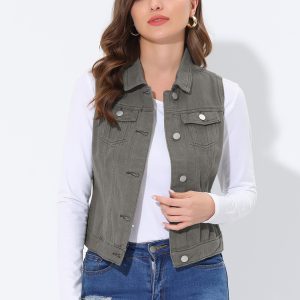 Flap Pocket Washed Buttoned Denim Jacket Vest Grey/M - Allegra K catalog