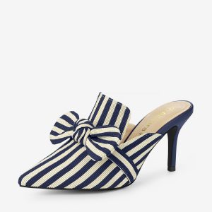 Stripe Bow Slip on Stiletto Heel Slides Mules Deep Blue/6 - Allegra K catalog