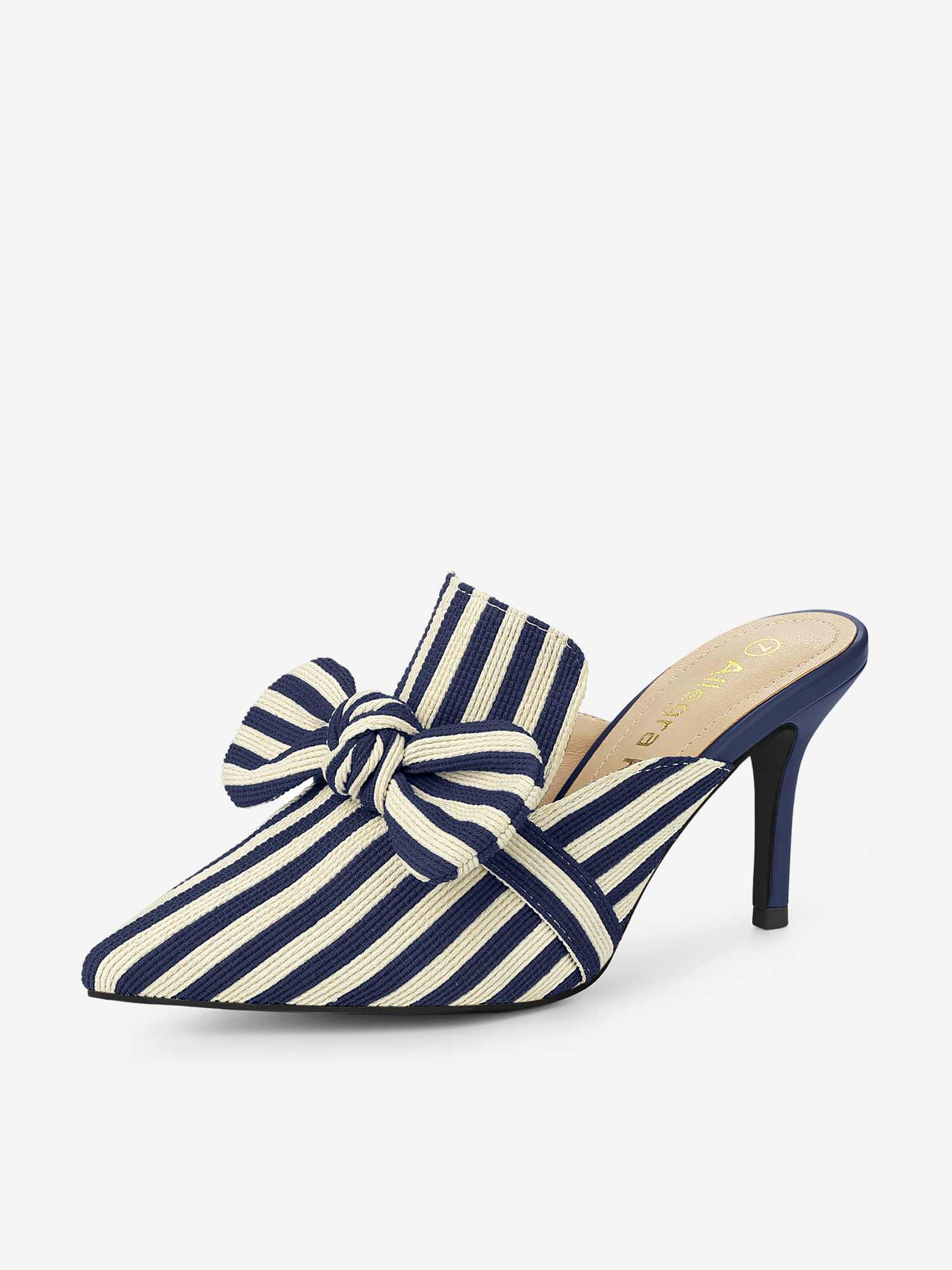 Stripe Bow Slip on Stiletto Heel Slides Mules Deep Blue/7 - Allegra K catalog
