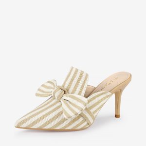 Stripe Bow Slip on Stiletto Heel Slides Mules Beige/8 - Allegra K catalog